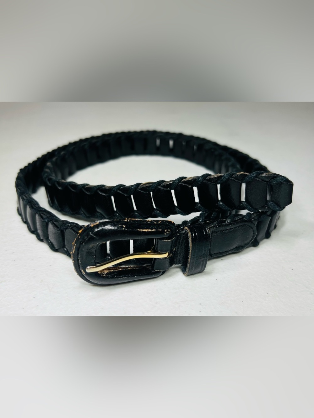 Black Cowhide Leather Woven Belt XL Gold Buckle